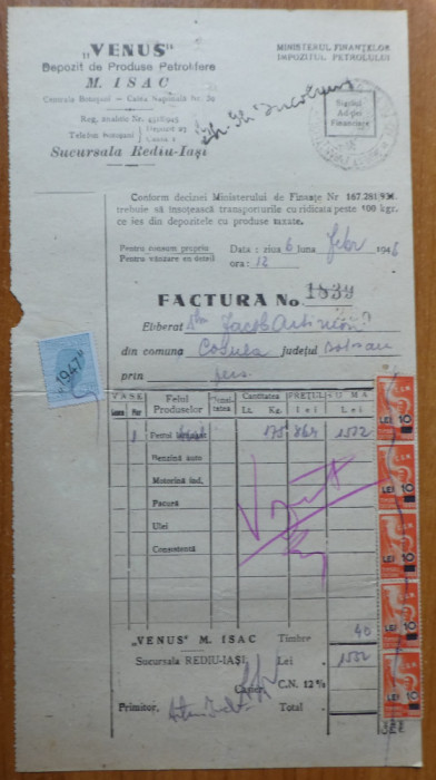 Factura din 1948 , Botosani , 6 timbre cu supratipare