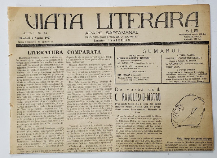 VIATA LITERARA , SUB CONDUCEREA UNUI COMITET , SAPTAMANAL , ANUL II , NR.44 , 2 APRILIE , 1927