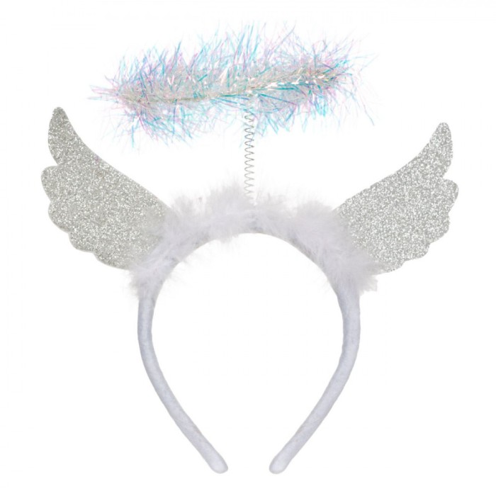 Bentită Crăciun, Ingeraș Cu Aripi, Glitter Argintiu, Coronita Tinsel Holografic, Poliester