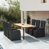 Set masa gradina vidaXL, 7 piese, poliratan negru &amp; lemn acacia, scaune rabatabile cu perne incluse, 190x90x75 cm