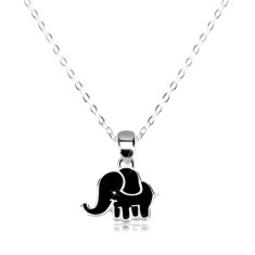 Colier din argint 925 - lanț strălucitor, elefant decorat cu smalț de culoare neagră