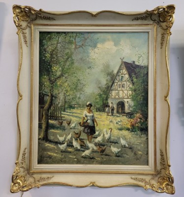 Tăranca cu găinuse pictura clasică, veche foto