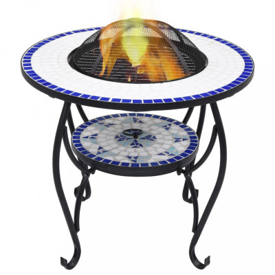 vidaXL Masă cu vatră de foc, mozaic albastru și alb, 68 cm, ceramică foto
