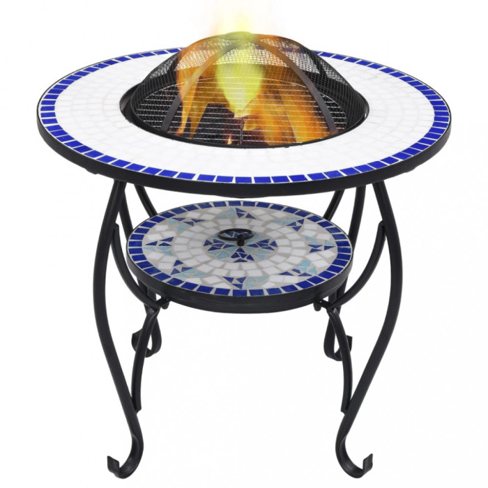 vidaXL Masă cu vatră de foc, mozaic albastru și alb, 68 cm, ceramică