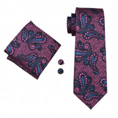 Set cravata + batista + butoni matase naturala model negru cu roz 1696 foto