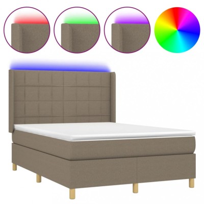Pat cu arcuri, saltea si LED, gri taupe, 140x200 cm, textil foto