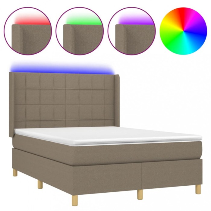 Pat cu arcuri, saltea si LED, gri taupe, 140x200 cm, textil