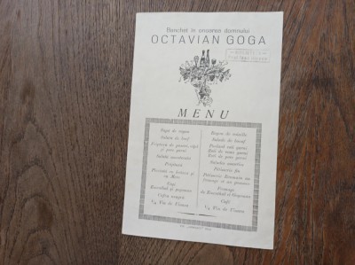 MENIU- BANCHET DATA IN ONOAREA DOMNULUI OCTAVIAN GOGA foto