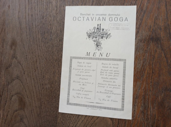 MENIU- BANCHET DATA IN ONOAREA DOMNULUI OCTAVIAN GOGA
