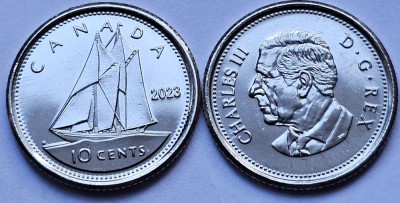 10 cents 2023 Canada , Bluenose, Charles III, First strike, km#3336 foto