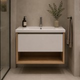 Set mobilier baie VALO cu lavoar si 1 sertar, alb si maro