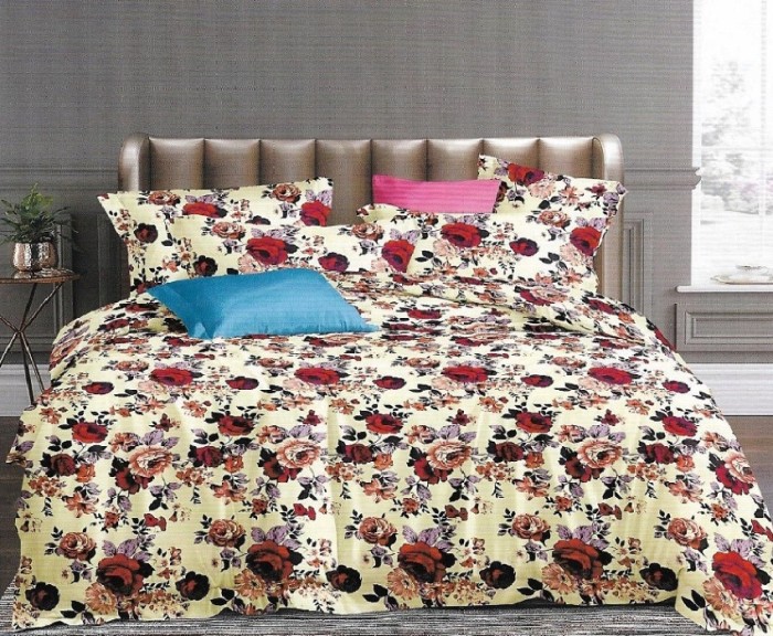 Lenjerie de pat pentru o persoana cu husa elastic pat si 2 fete perna dreptunghiulara, Callia, bumbac mercerizat, multicolor