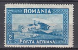 ROMANIA 1928 LP 80 a POSTA AERIANA C. RAIU FILIGRAN ORIZONTAL EROARE 2 LEI ALBASTRU PUNCT ALB DEASUPRA LUI P DIN POSTA GUMA ORIGINALA SARNIERA