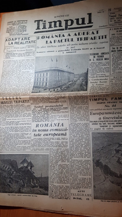 ziarul timpul 25 noiembrie 1940-romania a aderat la pactul tripartit,horia sima