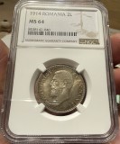 2 Lei 1914 Hamburg, Argint, Romania, NGC MS64