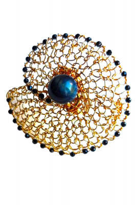 Inel crosetat in spirala cu Ochi de Soim, Spinel, fir metalic auriu, Brun, 5 cm foto