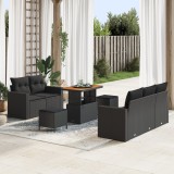 Set canapea grădină vidaXL cu 8 piese și perne Ratan Poli Negru Acacia, Set masă grădină vidaXL cu 3 piese și perne Ratan Poli Negru Acacia