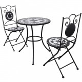 Set Bistro 3 Piese vidaXL, Negru/Alb, Placi Ceramice, Masa 60cm, Scaune Gradina, Mobilier Exterior, Balcon, Terasa