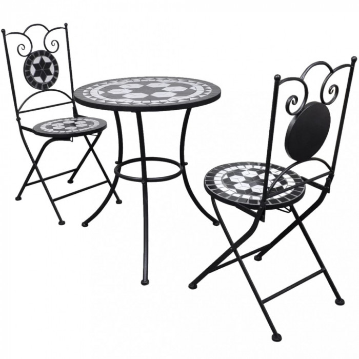 Set mobilier bistro, 3 piese, negru/alb, plăci ceramice