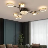 Lustra LED cu telecomanda si cristal MISEL 138W, 7 Elemente, lumina Rece/Calda/Neutra, Dimabila, Negru Auriu ModernLight Concept