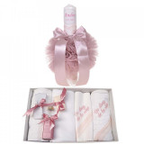 Trusou botez cu mesaj si lumanare botez personalizata, decor roz pudra,