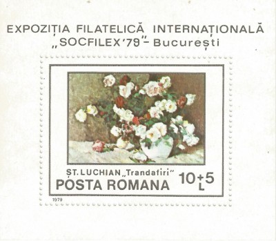 Rom&amp;acirc;nia, LP 987/1979, Exp. Filat. Intern. &amp;quot;Socfilex &amp;#039;79&amp;quot;, coliță dant., MNH foto