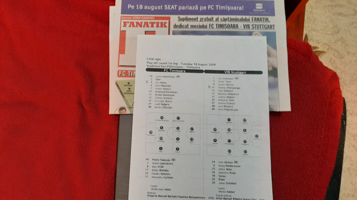 Foaie joc+supliment FC Timisoara - VFB Stuttgart