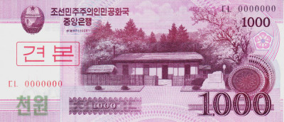 Bancnota Coreea de Nord 1.000 Won 2008 - P64s UNC SPECIMEN foto