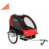 Remorcă Bicicletă &amp; Cărucior 2-&icirc;n-1 vidaXL, Negru/Roșu, 40kg, Pliabilă, Siguranță Copii, Ham 5 Puncte, Buzunare, Reflectoare