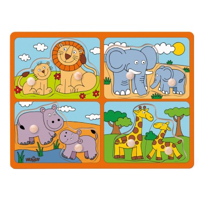 Puzzle din lemn cu butoni - Animale salbatice si puii lor foto