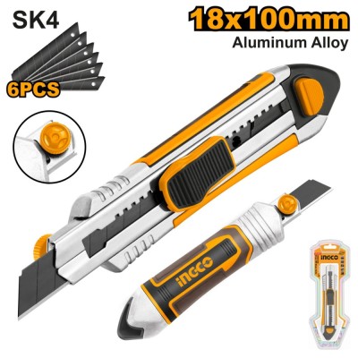 Cutter aluminiu cu maner cauciucat 6 rezerve - Ingco HKNS1808 foto