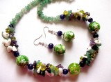 set colier si cercei cu margele mari agate craft , ochi de pisica , jasper ,ametist , aventurin , jad oliv si jad alb 40731