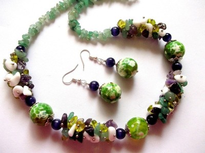set colier si cercei cu margele mari agate craft , ochi de pisica , jasper ,ametist , aventurin , jad oliv si jad alb 40731 foto