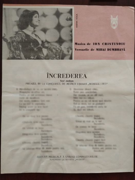 &Icirc;ncrederea - I. Cristinoiu - M. Dumbravă - Marina Voica - Mamaia 1971 partitură