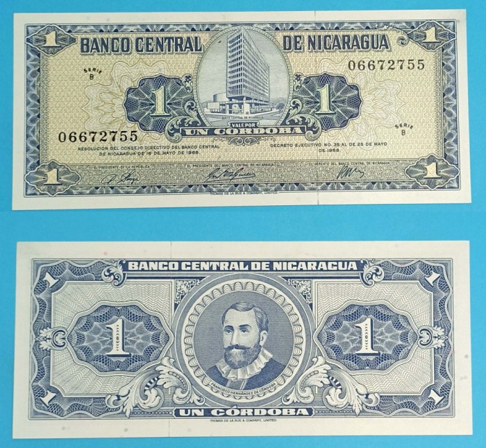 Nicaragua 1 Cordoba 1968 &#039;Conquistador&#039; UNC serie: B 06672755 p115