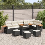 Set Sofa Grădină 10 Piese Perne Negru Poli ratan Acacia, Set Dining Grădină 4 Piese Perne Negru Poli ratan Acacia, vidaXL