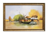 Tablou pictat manual inramat, Peisaj din Delta Dunarii, 65x45cm ulei pe panza, rama din lemn, Geo Ungureanu