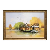 Tablou pictat manual inramat, Peisaj din Delta Dunarii, 65x45cm ulei pe panza, rama din lemn, Geo Ungureanu