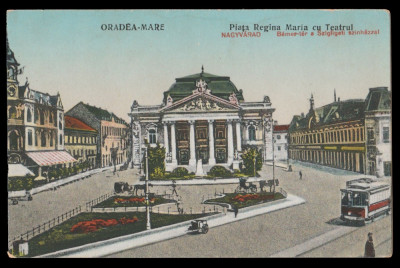 1920 Romania CP Oradea Mare, Piata Regina Maria cu Teatrul, tramvai, Nagyv&amp;aacute;rad foto