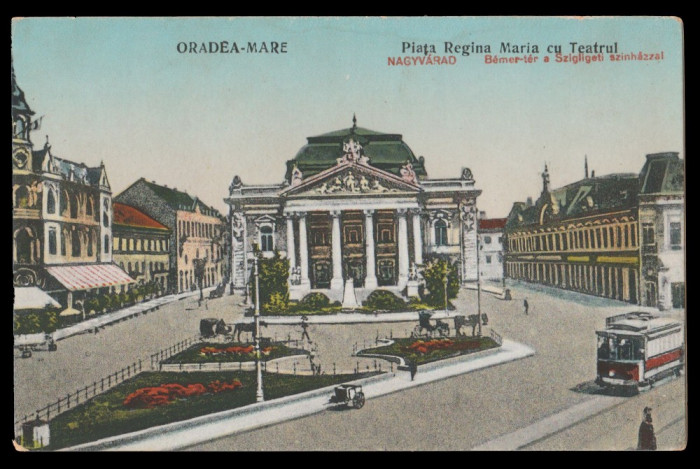 1920 Romania CP Oradea Mare, Piata Regina Maria cu Teatrul, tramvai, Nagyv&aacute;rad