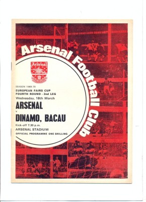 Program oficial Arsenal Londra - Dinamo Bacau 1969 foto