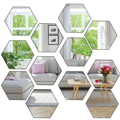 Set 12 Oglinzi Acrilice Autoadezive Luxer, Model Hexagon,12.5x11x6.4 cm, Silver foto