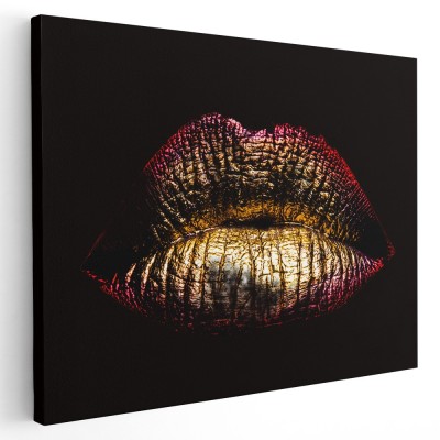 Tablou canvas buze femeie auriu detaliu, auriu, rosu 1206 Tablou canvas pe panza CU RAMA 50x70 cm foto