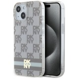 Husa iPhone 15 DKNY IML Checkered Mono Pattern &amp; Printed Stripes MagSafe, bej, DKHMP15SHCPTSE