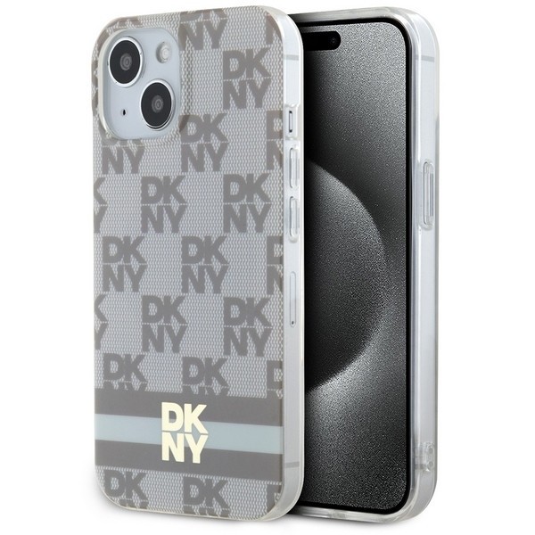 Husa iphone 15 - dkny iml checkered mono pattern and printed stripes magsafe (dkhmp15shcptse) - beige