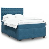 VidaXL Pat box spring cu saltea, albastru, 140x190 cm, catifea