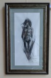 G1. Grafica RavariuArt, carbune pe hartie, Nud de femeie, inramat si cu sticla, Realism