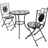 Set bistro masa si 2 scaune din mozaic, cadru de fier, pliabile, alb-negru