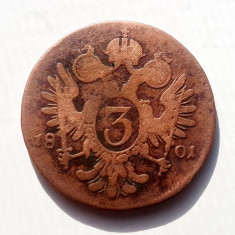 D353- Moneda 3 Kreutzer 1801 bronz-Imp Habsburg Franciscus II. Diametrul 3 cm.