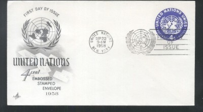 UN New York 1958 4C Embossed Spamped Envelope FDC UN.116 foto